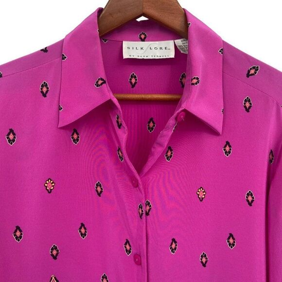 Silk Lore By Beth Terrell 100% Silk Button Front Blouse Pink/Orange Size Small - Picture 8 of 9